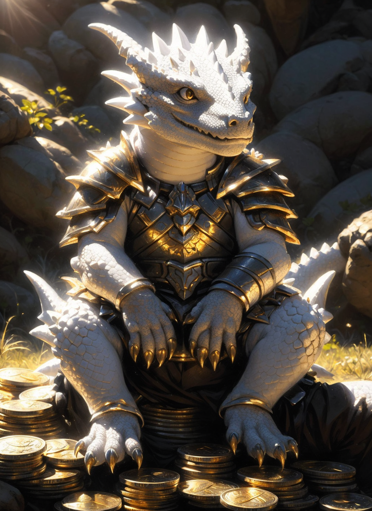 22072227-4161553119-white dragonborn, solo, child, male, sitting, closed mouth, male focus, horns, armor, blurry, sunlight, shoulder armor, claws, c.png